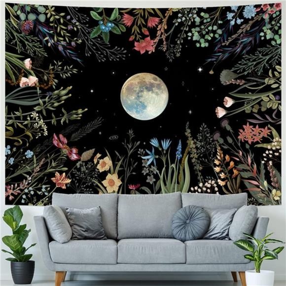 Moonlit Garden 51.2" x 59.1"Tapestry Moon Flower Tapestry Colorful Plant Decor - Picture 3 of 7